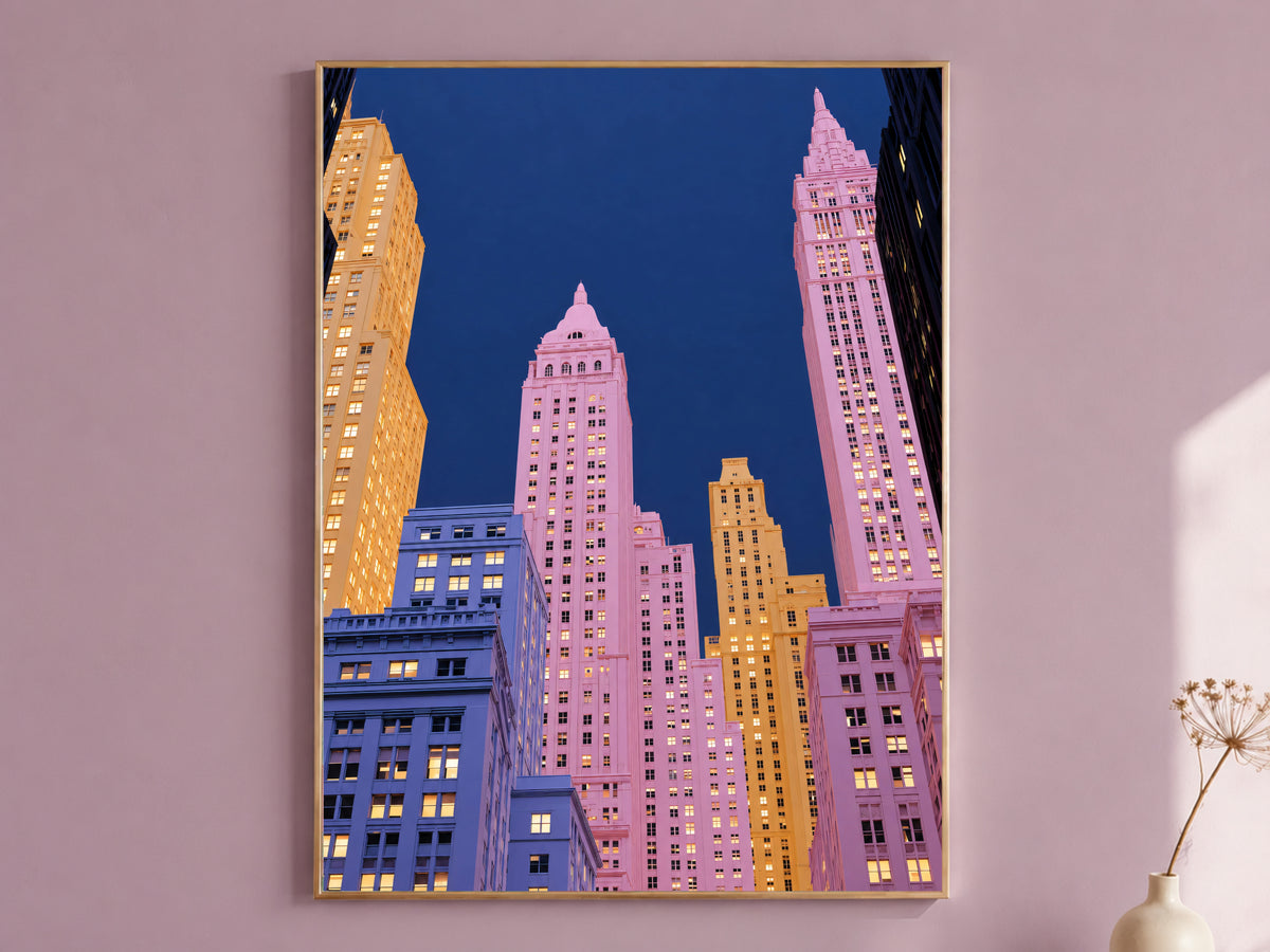 Pink City Skyline Wall Art Print, New York Inspired Art Deco Skyscrapers at Night, Pastel Pink and Navy Printable Decor, Digital Download