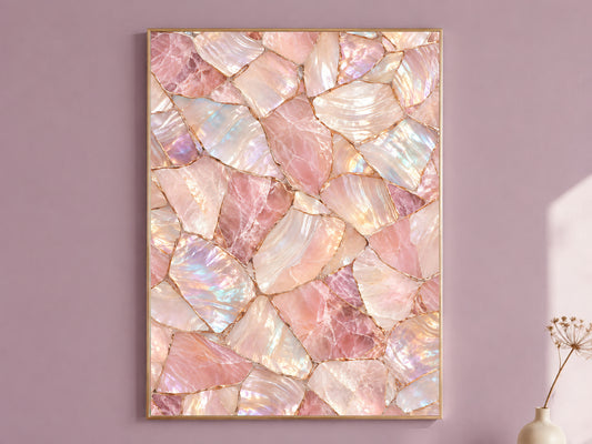 Rose Quartz Wall Art, Pink Mother of Pearl Print, Blush Crystal Mosaic, Glam Bedroom Decor, Feminine Iridescent Poster, Instant Download