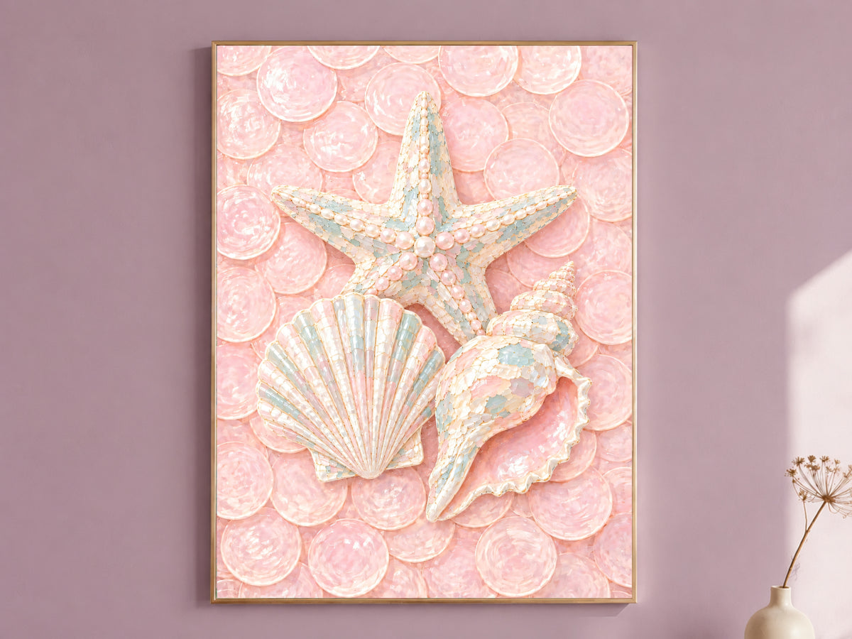 Pink Coastal Seashell Print, Starfish Scallop Conch Wall Art - Digital Download