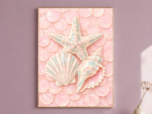 Pink Coastal Seashell Print, Starfish Scallop Conch Wall Art - Digital Download