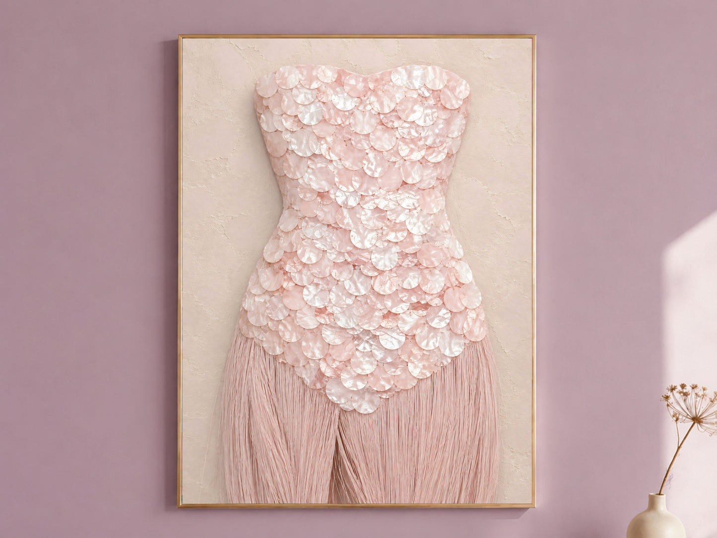 Rose quartz mother of pearl wall art print, framed in gold against a mauve wall.