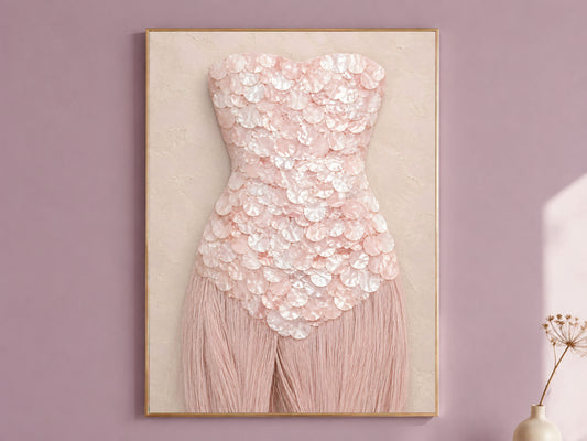 Rose quartz mother of pearl wall art print, framed in gold against a mauve wall.