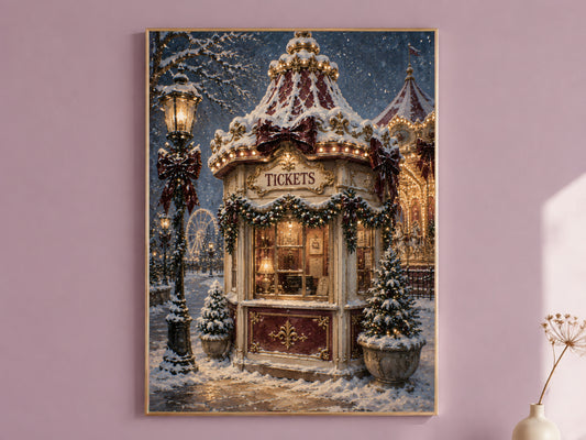 Vintage Christmas carnival wall art print of a snowy ticket booth framed in gold, hung on a dusty mauve wall