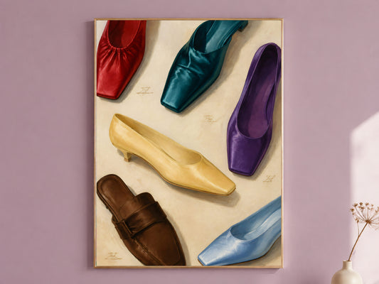 Fashion wall art print in gold frame on mauve pink wall