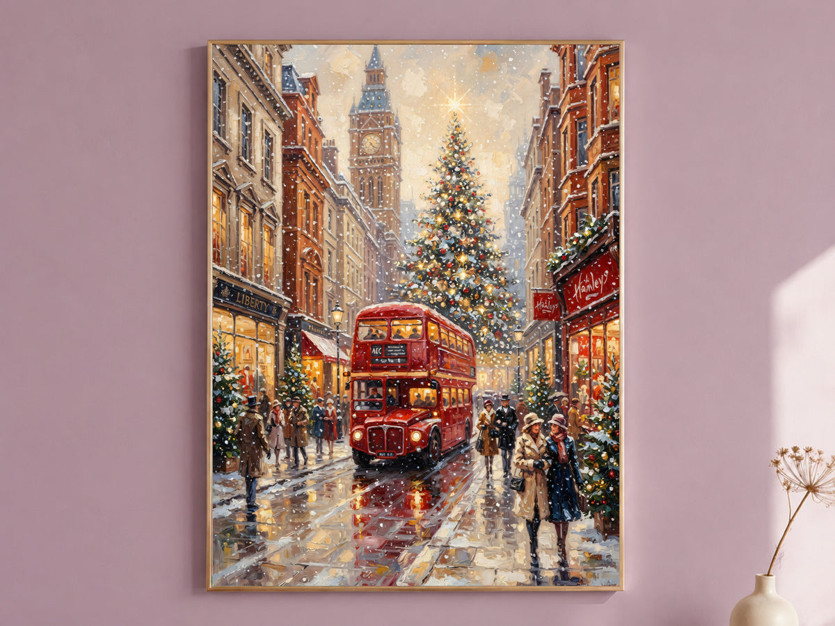 London Christmas Wall Art, Vintage Oil Painting Print - Digital Download