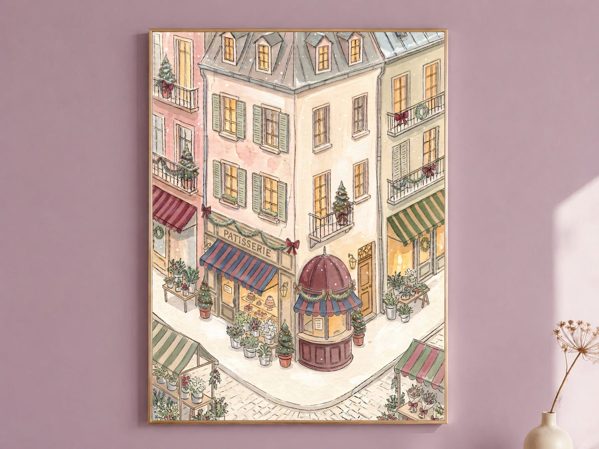 Christmas Patisserie Print, French Flower Market Watercolor, Snowy Parisian Street Art, Digital Download