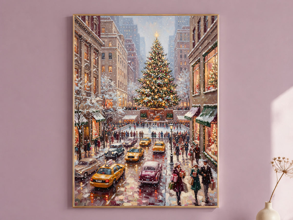 Rockefeller Center Christmas Wall Art, Vintage NYC Oil Painting Print - Digital Download
