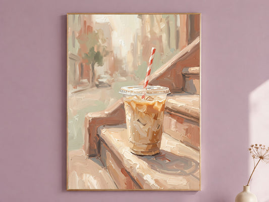 Iced Coffee Wall Art, Impasto Oil Painting Print, Fine Art Still Life Kitchen Decor - Digital Download