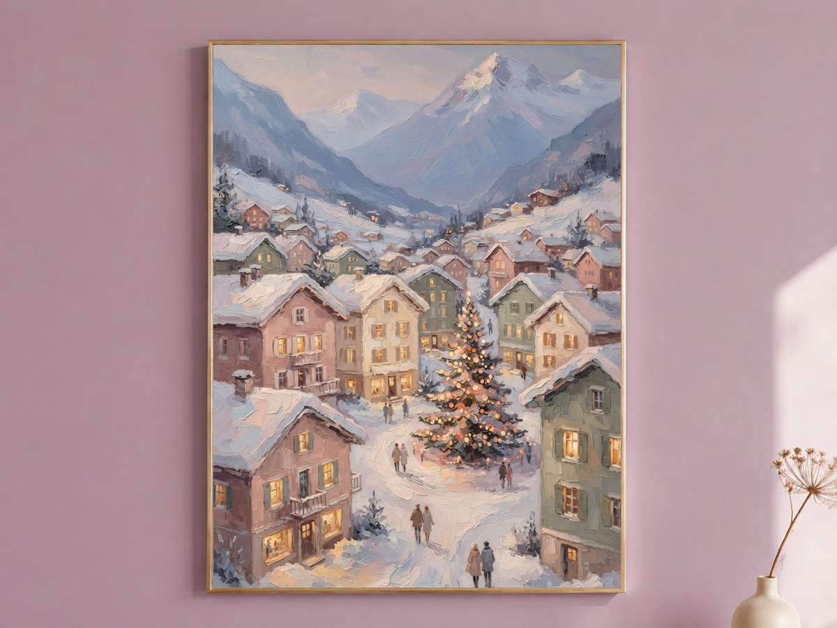 Alpine Christmas Village Wall Art, Snowy Mountain Town Print - Digital Download