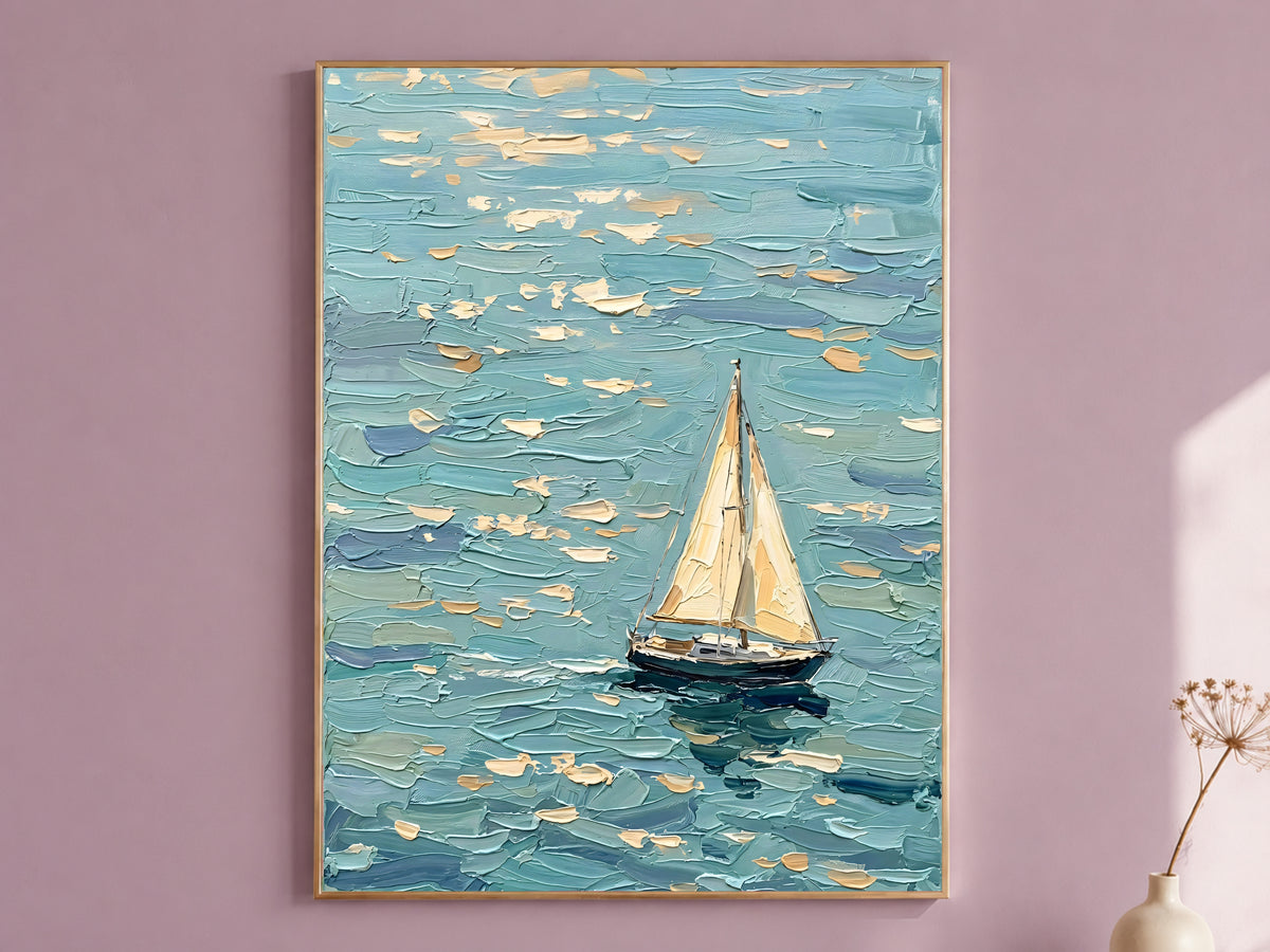 Sailboat Painting Print, Turquoise Ocean Wall Art with Single Sailboat, Textured Impasto Style Seascape, Coastal Printable, Digital Download