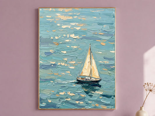 Sailboat Painting Print, Turquoise Ocean Wall Art with Single Sailboat, Textured Impasto Style Seascape, Coastal Printable, Digital Download