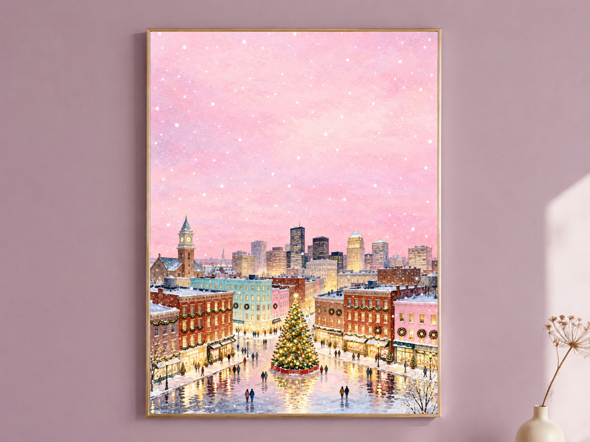 Pink Christmas Town Painting, Snowy City Christmas Tree Print, Pastel Winter Skyline Wall Art, Holiday Decor, Printable Digital Download