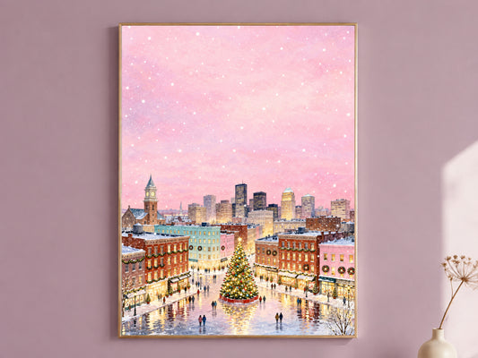Pink Christmas Town Painting, Snowy City Christmas Tree Print, Pastel Winter Skyline Wall Art, Holiday Decor, Printable Digital Download