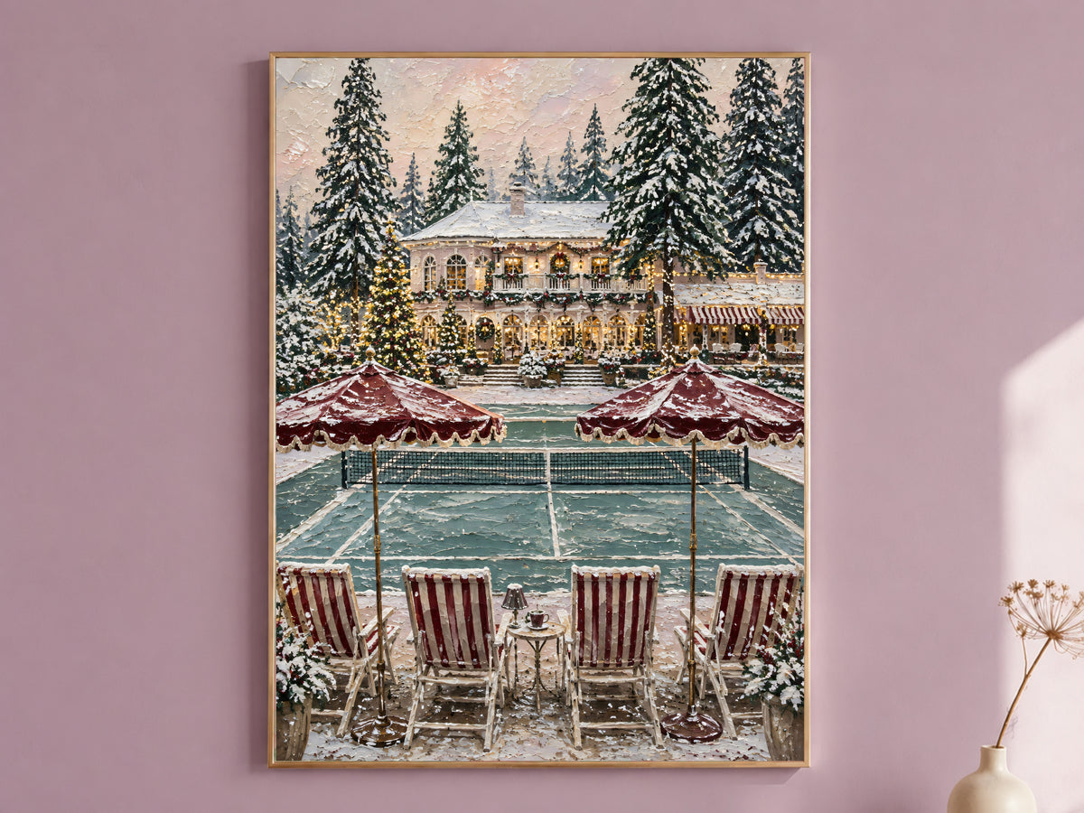 Old money Christmas wall art print of a snowy estate and tennis court framed in gold, hung on a dusty mauve wall