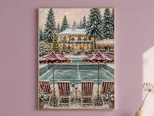 Old money Christmas wall art print of a snowy estate and tennis court framed in gold, hung on a dusty mauve wall