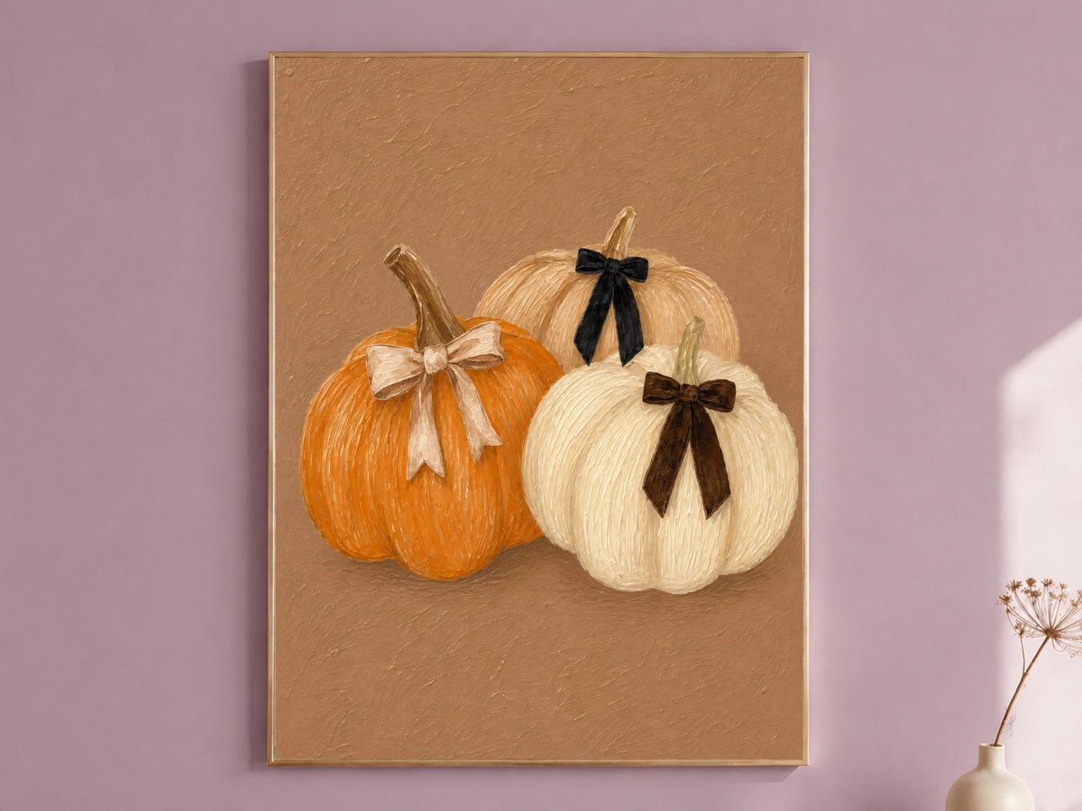 Coquette pumpkin wall art print with velvet bows in a mauve living room