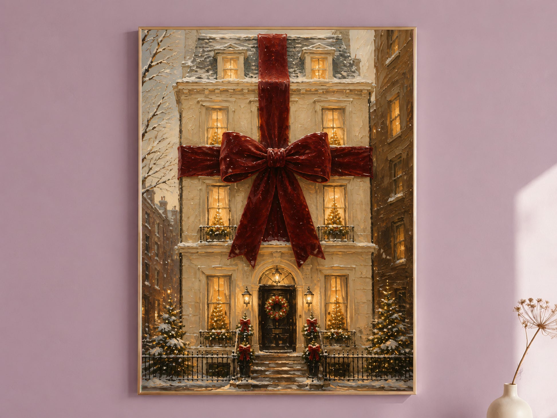 Grand townhouse wrapped in a velvet ribbon like a Christmas gift, art print in a thin gold frame on a mauve wall, styled with a small vase of dried flowers