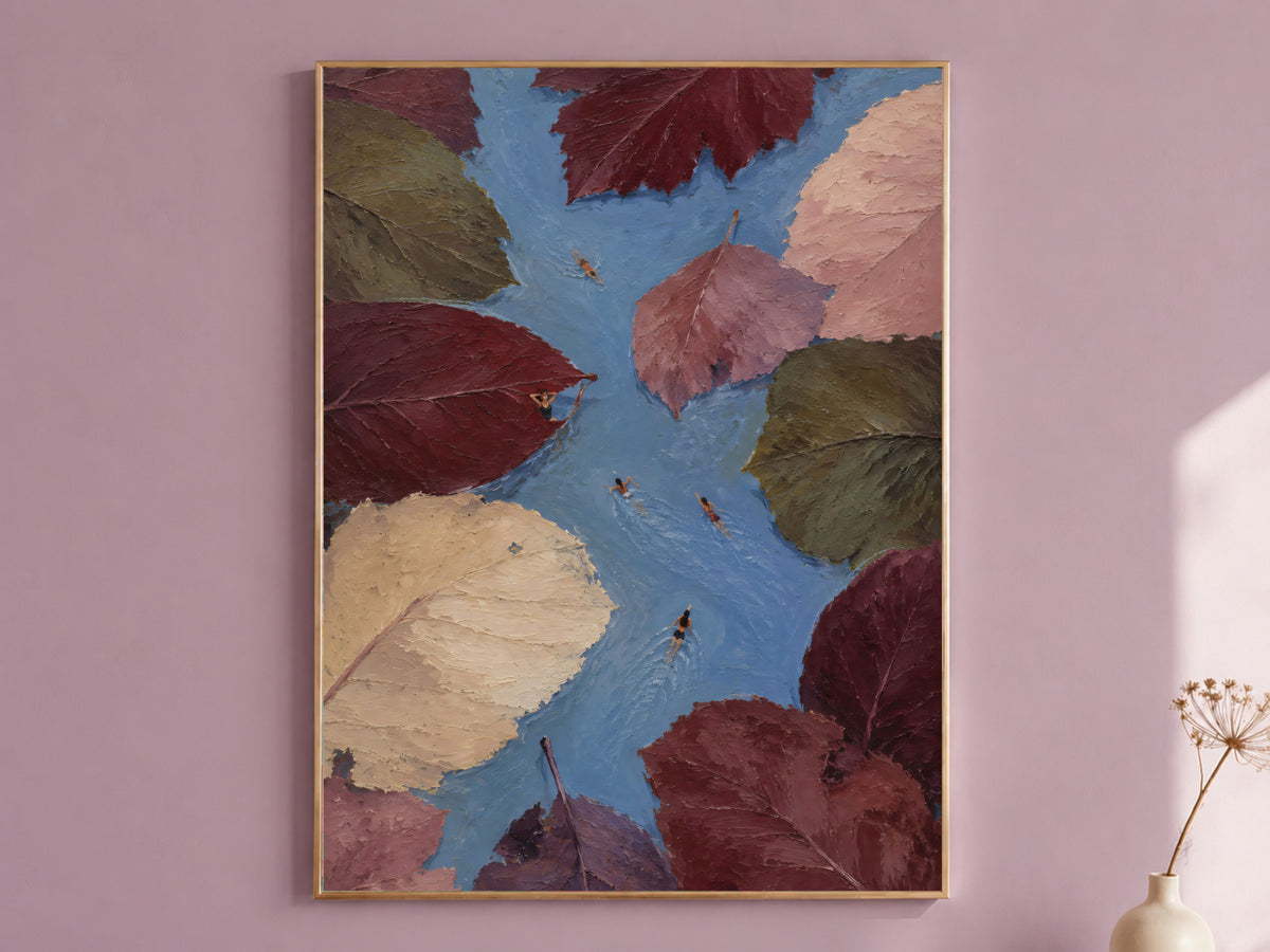 Aerial swimmer wall art print in gold frame on mauve wall, surreal autumn leaves painting