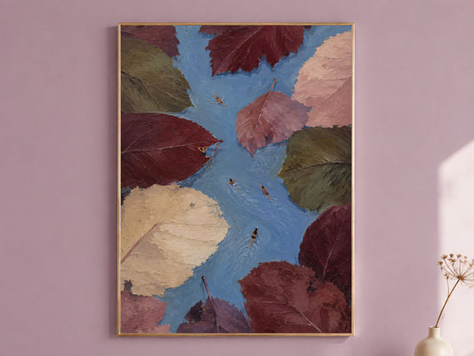 Aerial swimmer wall art print in gold frame on mauve wall, surreal autumn leaves painting