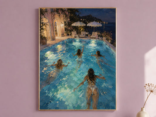 Night swim wall art print of an Italian villa pool framed in gold on a mauve wall, digital download