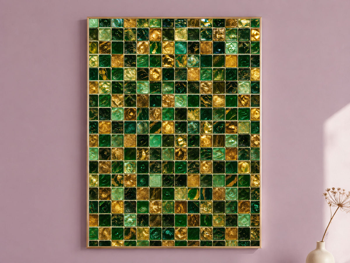 Emerald Mosaic Wall Art, Gold Glass Tile Print - Digital Download