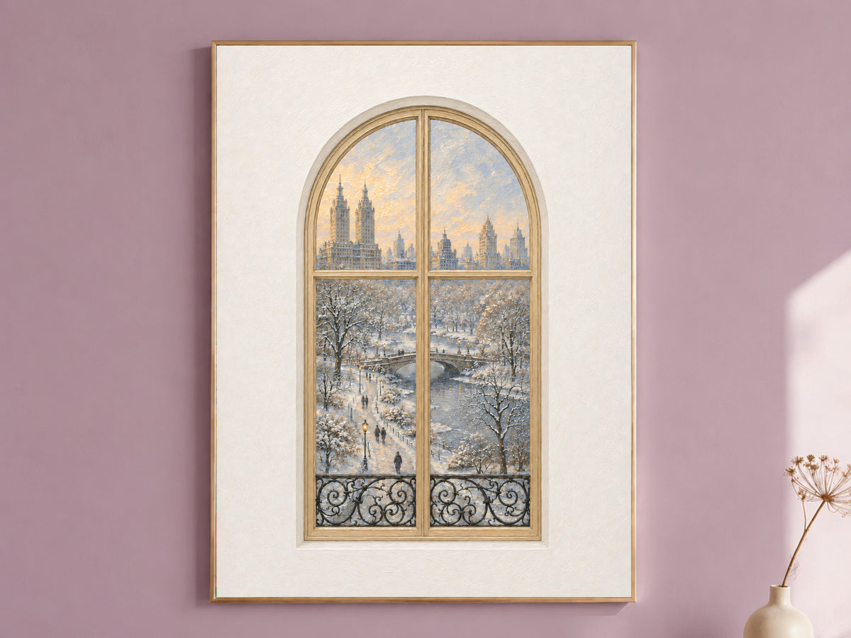 Central Park Window Wall Art, Snowy Winter Bridge View Print - Digital Download