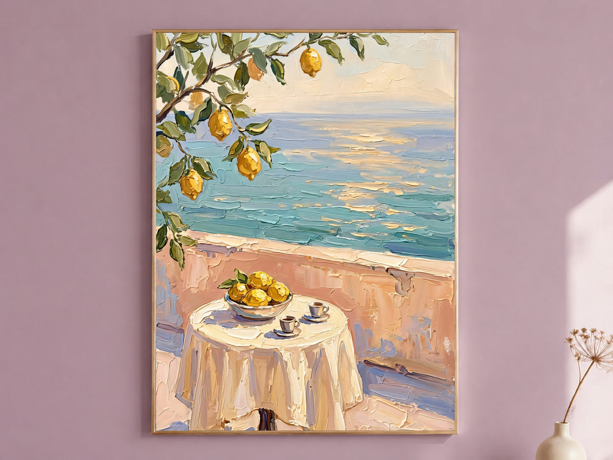 Lemon Tree Sea View Painting Print, Mediterranean Terrace Wall Art, Textured Coastal Art, Printable Digital Download