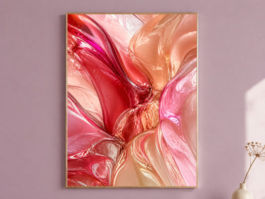Liquid Glass Abstract Wall Art, Pink Coral 3D Render Print - Digital Download