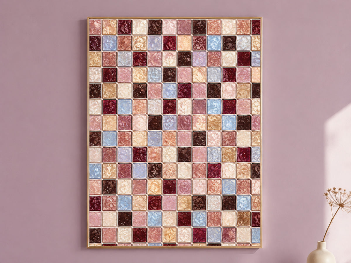 Burgundy mauve mosaic wall art print in a thin gold frame hanging on a mauve wall, styled with a small vase of dried flowers