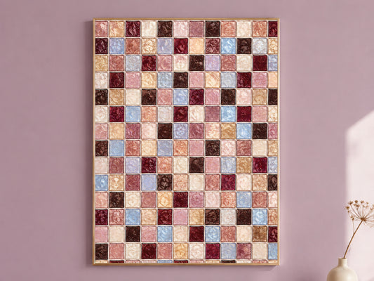Burgundy mauve mosaic wall art print in a thin gold frame hanging on a mauve wall, styled with a small vase of dried flowers