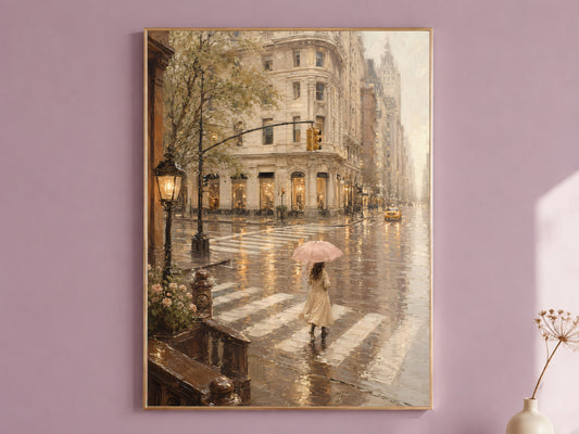 Woman with Umbrella Wall Art, Pink Umbrella Print, Rainy City Painting - Digital Download