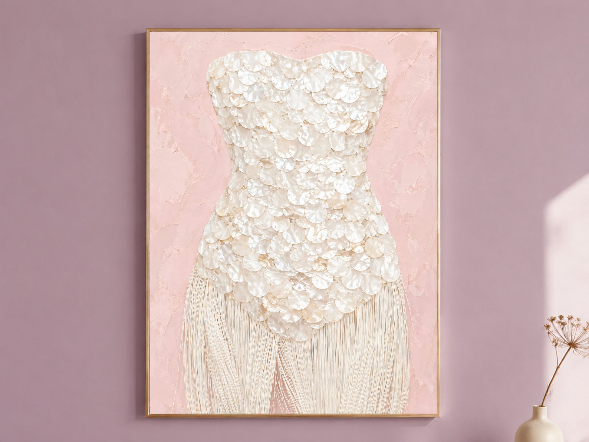 Blush pink wall art print with an ivory mother of pearl bodice, framed in gold against a mauve wall.