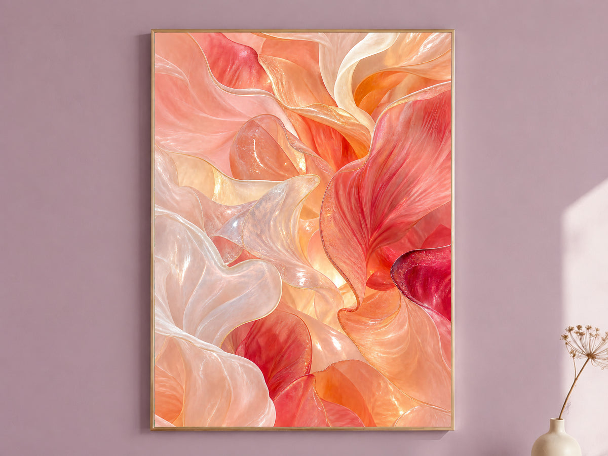 Coral Glass Petal Wall Art, Warm Peach Fluid Abstract Print - Digital Download