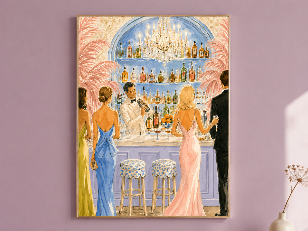 Riviera Cocktail Bar Wall Art, Preppy Pink Watercolor Print - Digital Download