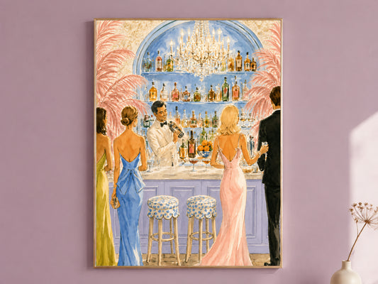 Riviera Cocktail Bar Wall Art, Preppy Pink Watercolor Print - Digital Download