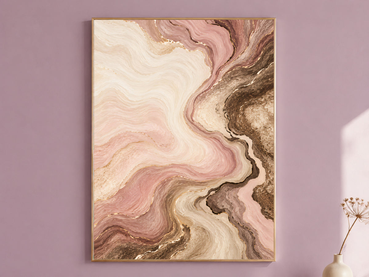 Blush Pink and Brown Abstract Wall Art, Dusty Rose Marble Swirl Print with Gold Veins, Printable Neutral Mocha Decor, Digital Download