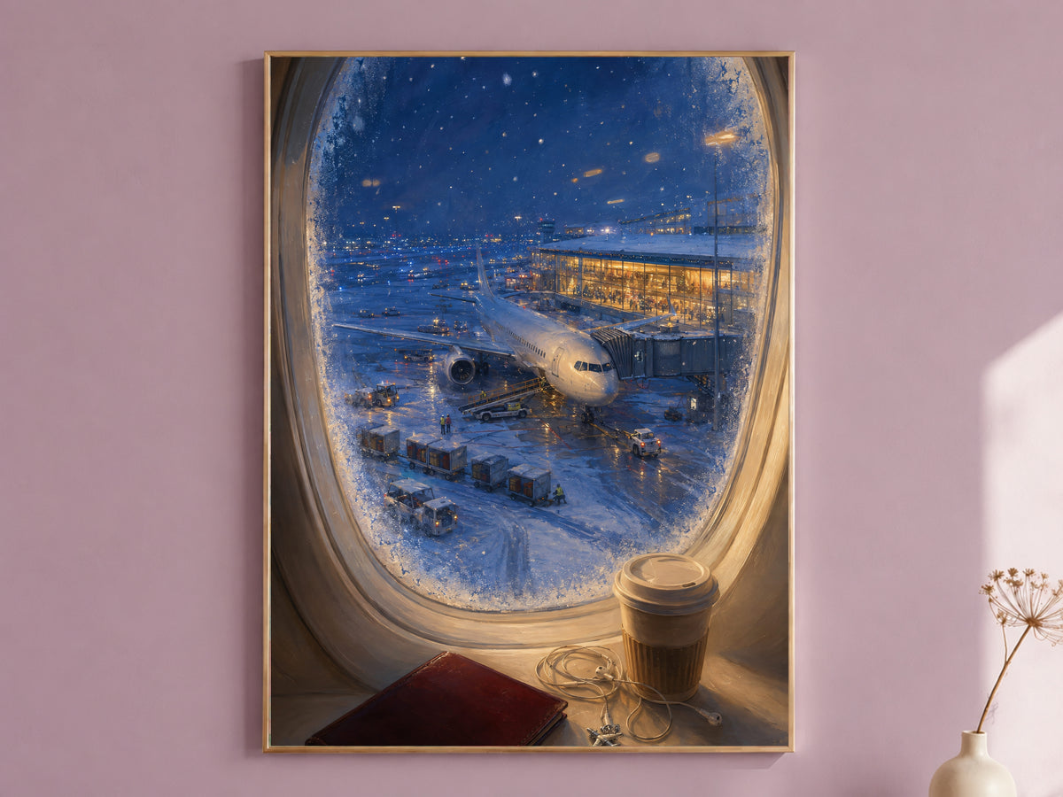 Framed airplane window seat art on mauve wall, snowy airport night view