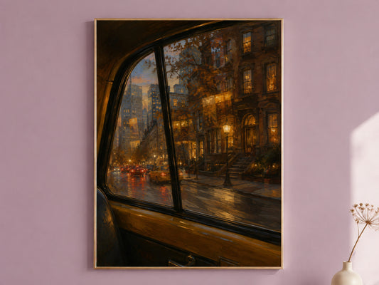 Rainy New York Night Wall Art, NYC Taxi Window Print, Moody City Painting - Digital Download