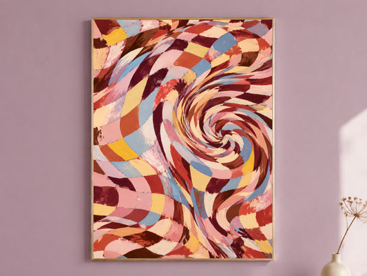 Checkered Swirl Wall Art, Groovy Retro Vortex Print - Digital Download