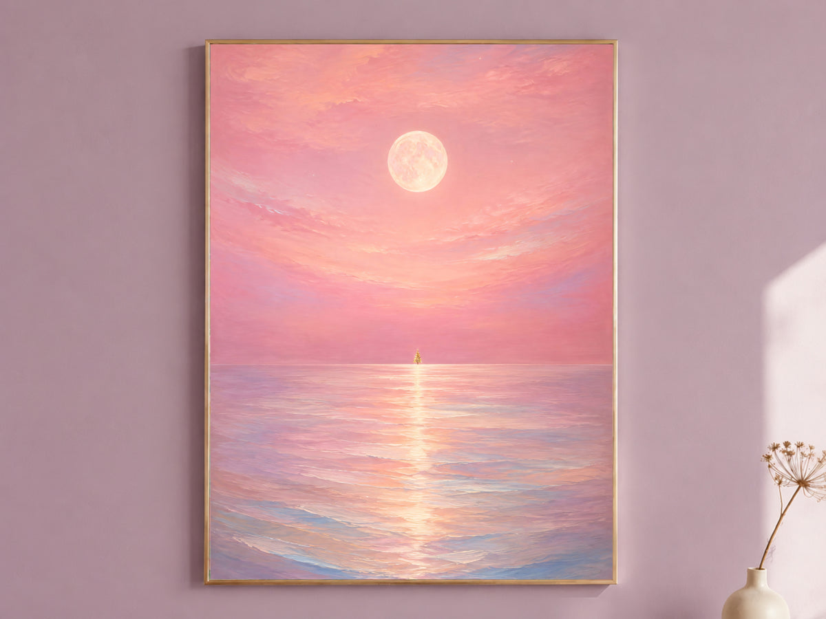 Pink moon ocean wall art print framed in gold on a soft pink wall, digital download