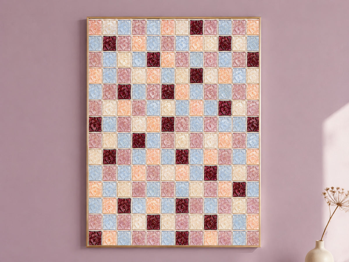 Peach blue mosaic wall art print in a thin gold frame hanging on a mauve wall, styled with a small vase of dried flowers
