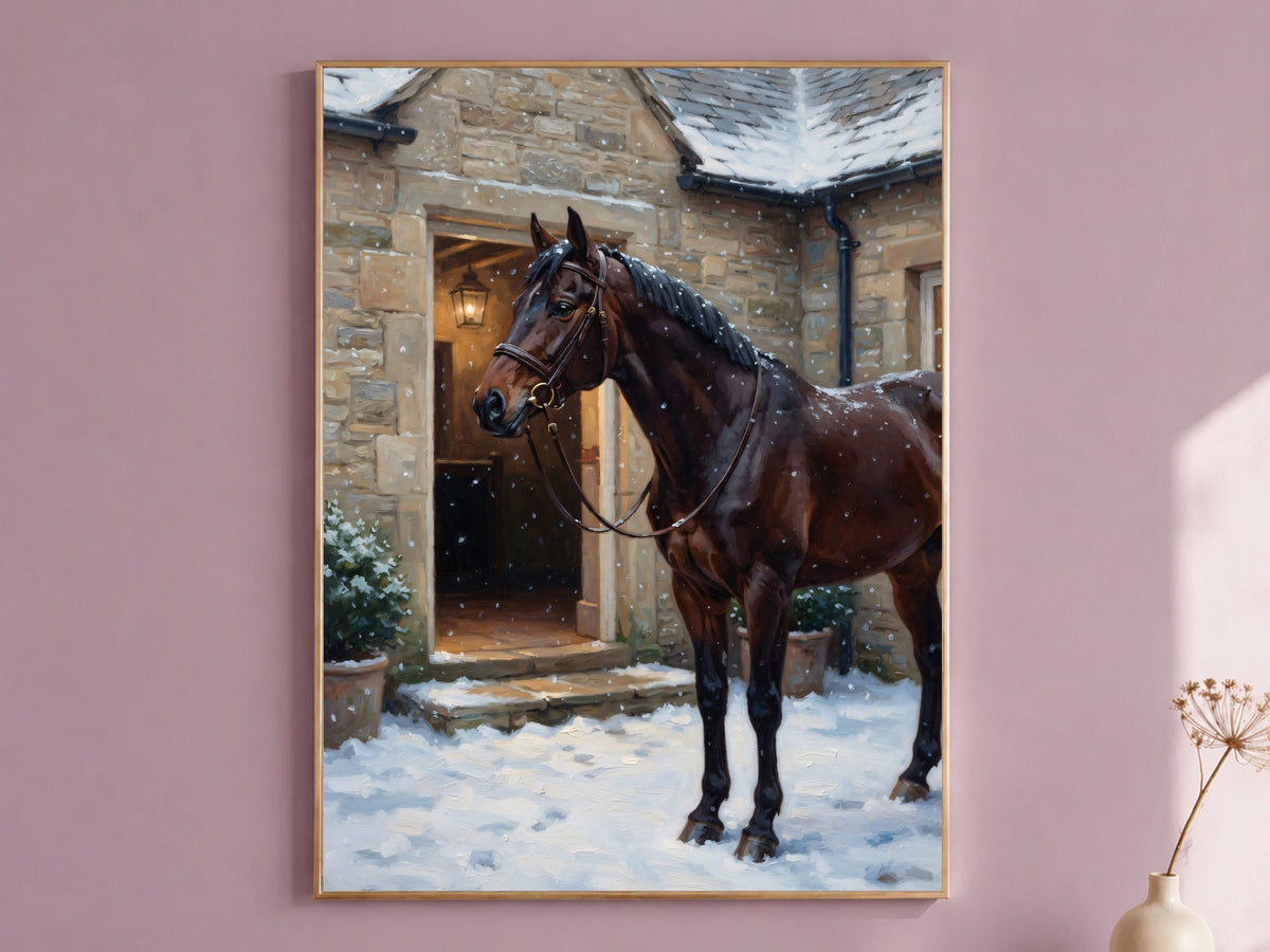 Equestrian Wall Art, Horse in Snow Oil Painting Print - Digital Download