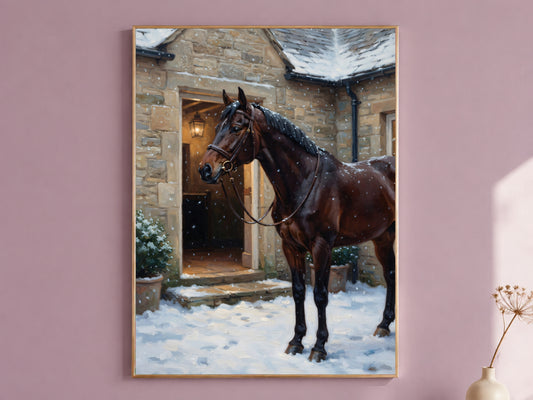 Equestrian Wall Art, Horse in Snow Oil Painting Print - Digital Download