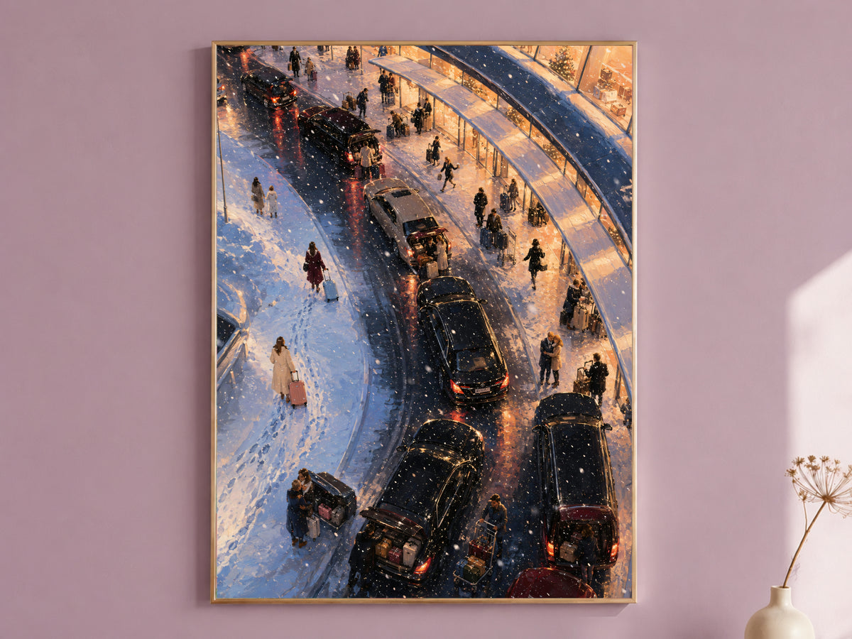 Framed airport departures painting on mauve wall, snowy curbside travel scene