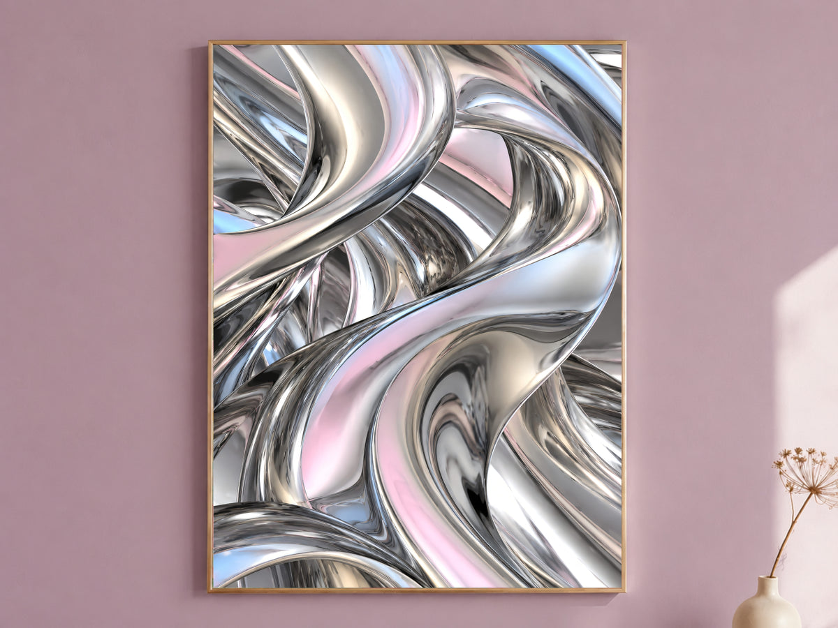Chrome Liquid Metal Wall Art, Silver Iridescent 3D Abstract Print - Digital Download