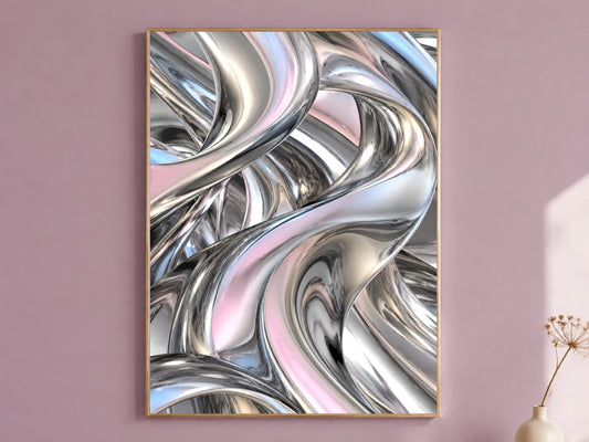 Chrome Liquid Metal Wall Art, Silver Iridescent 3D Abstract Print - Digital Download