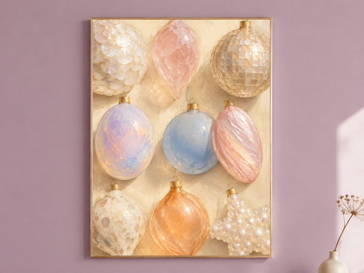Iridescent Christmas ornament wall art print framed in gold on a mauve wall, pastel digital download