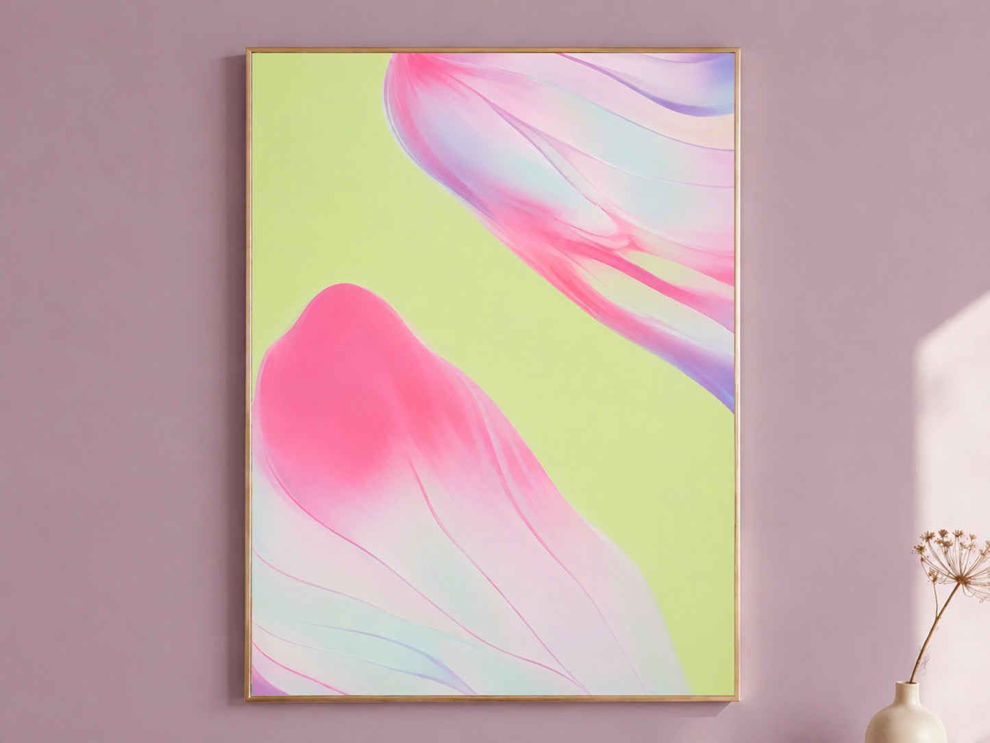 Pink and green abstract art in gold frame on mauve wall, macro flower petal print