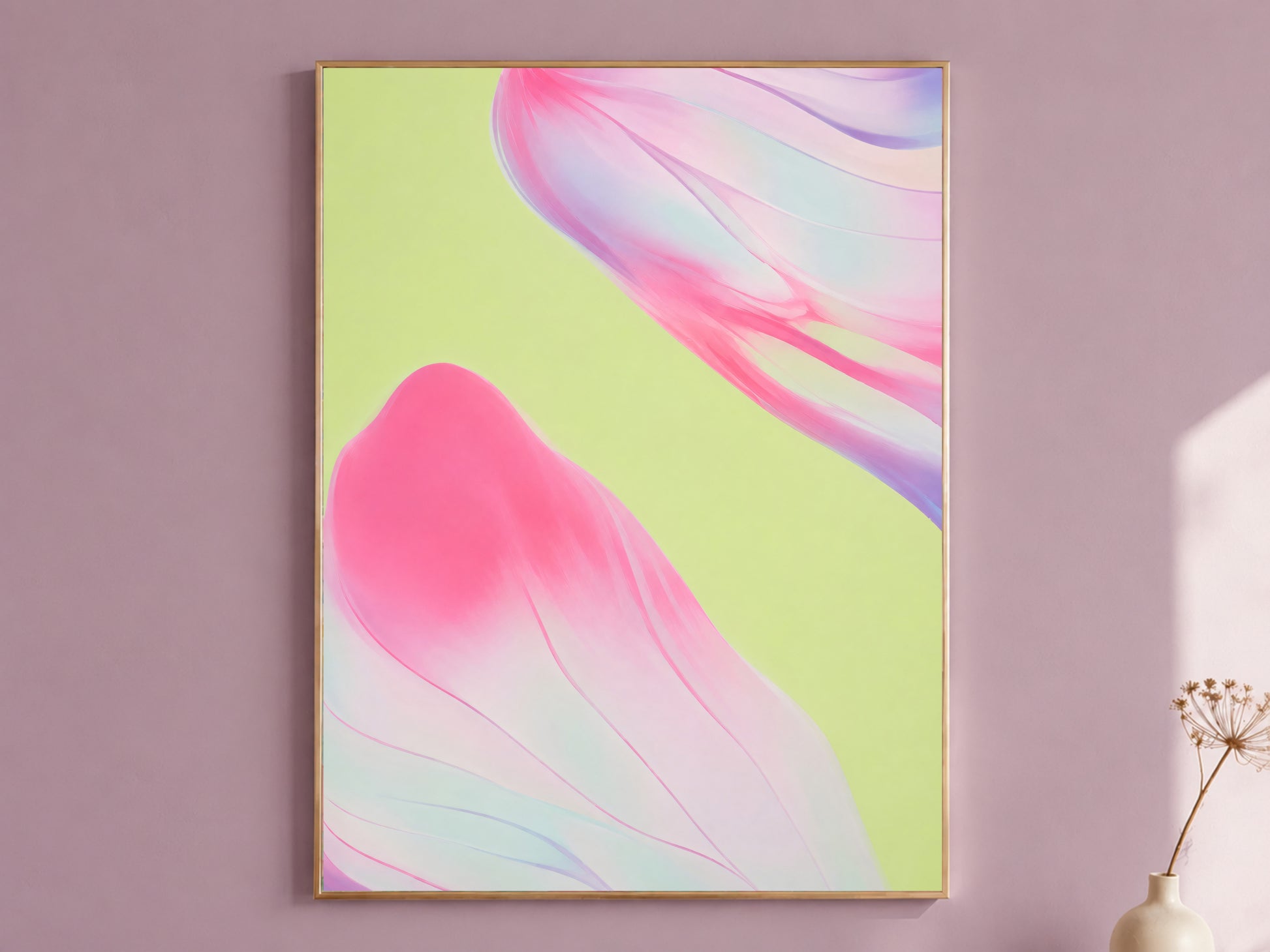 Pink and green abstract art in gold frame on mauve wall, macro flower petal print