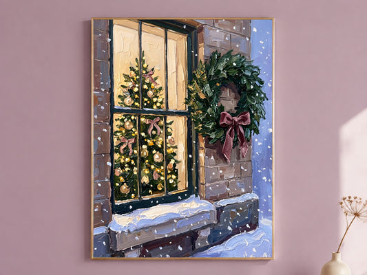 Christmas Window Painting Print, Snowy Winter Scene with Wreath and Christmas Tree, Pink Bow Holiday Wall Art, Printable Digital Download